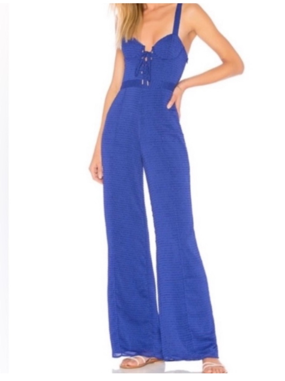 House of Harlow 1960 x Revolve Linda Jumpsuit Cobalt Blue Swiss Dot Wide Leg M